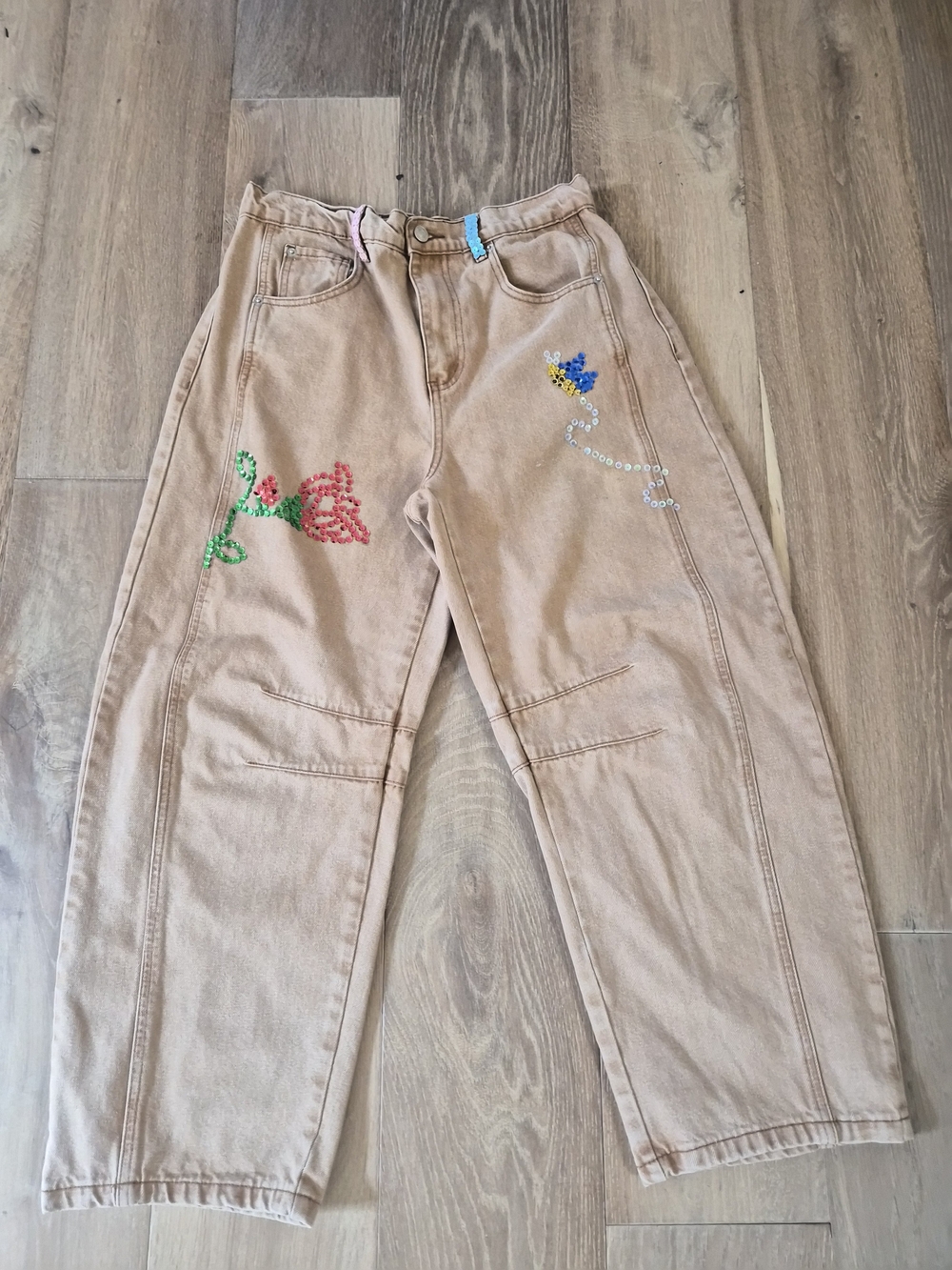Beige Sequin Flower & Butterfly Pants
